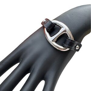 Hermès Granville Bracelet Silver H Logo Black Leather Scarf Ring Bracelet
